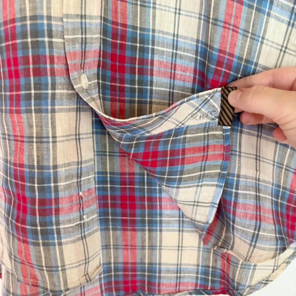 Billy Reid Red, Blue, Cream Plaid Linen Button Down Shirt- Size Men's Large - Picture 4 of 6